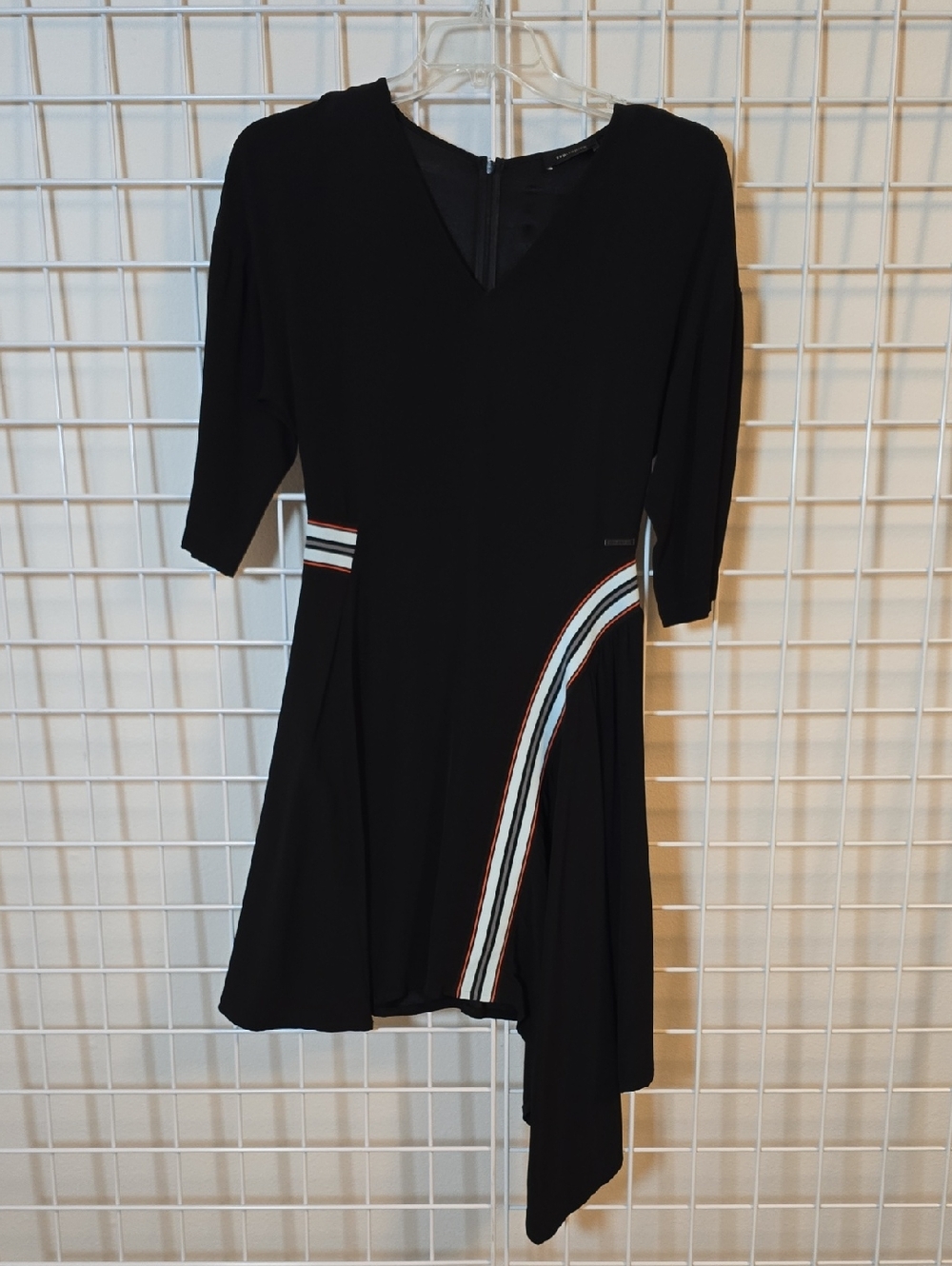 Cop.Copine Black Asymmetric Dress with Light Gray, Red, Dark Gray Stripe Size 38